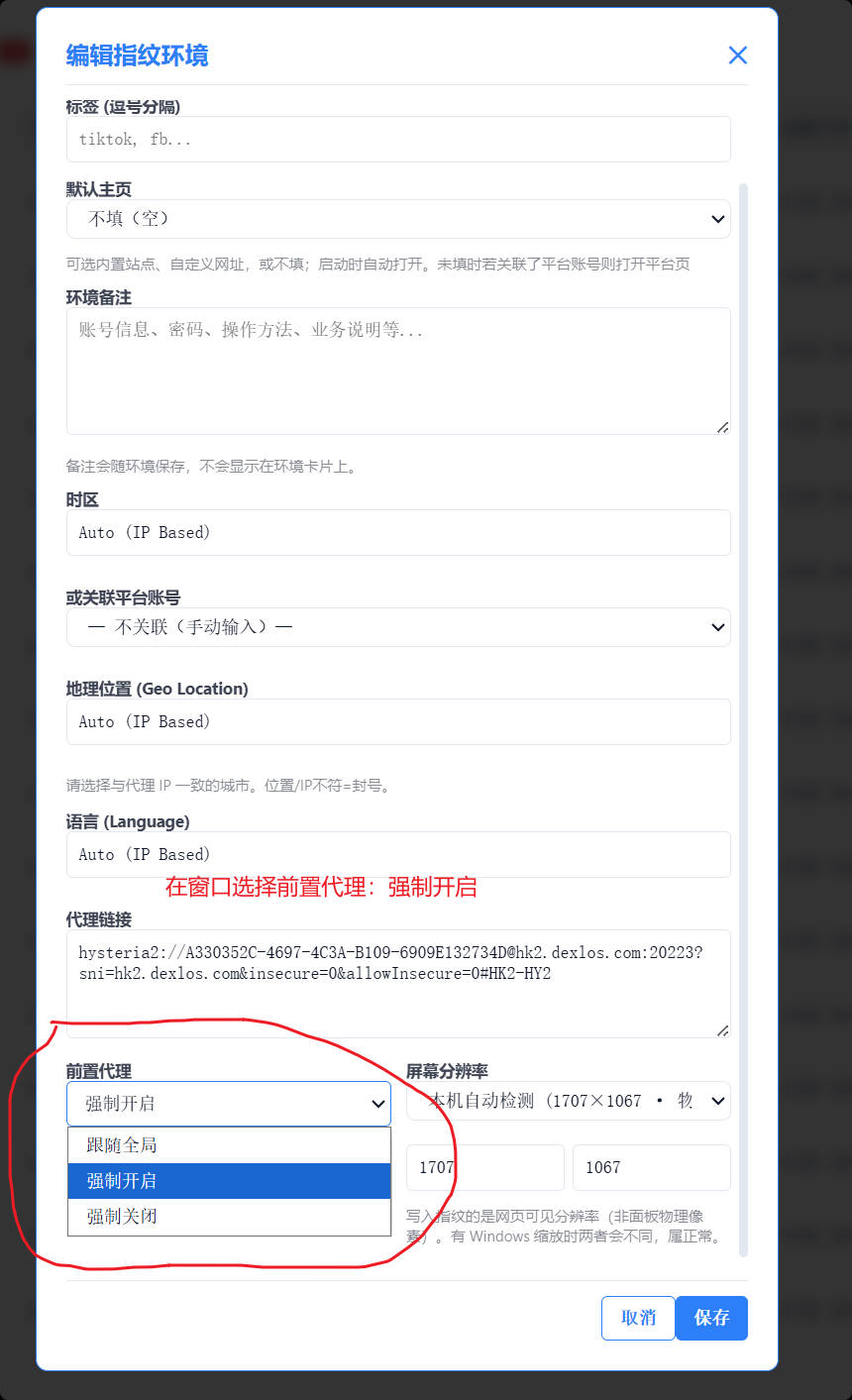 编辑环境选择前置代理强制开启跟随全局或强制关闭